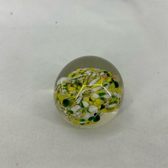 Vintage Yellow Floral Art Glass Paperweight White Accent Design - Picture 4 of 8